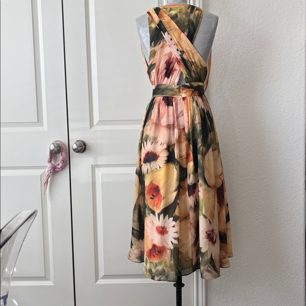 Haute Hippies Plunge Sunflower V Neck Draped Midi A Line Chiffon Crepe Dress - Picture 11 of 12